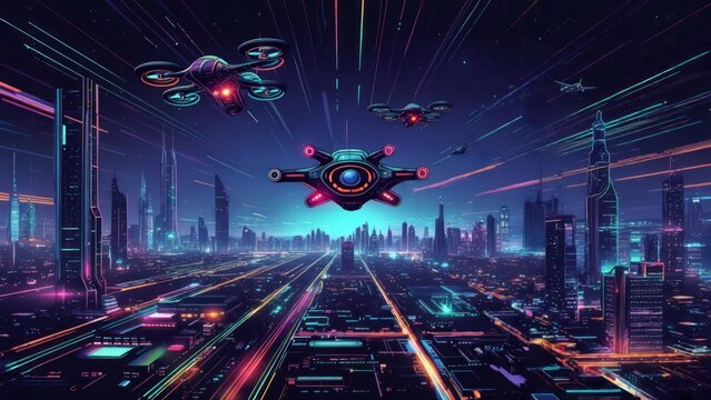 Luminous Drone Patrol Over a Neon-Streaked Cyberpunk Metropolis at Night