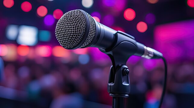 Close-up microphone at a lively concert venue