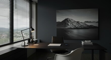 A minimalist office space features a desk chairs  mountain picture under window blinds
