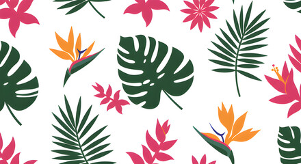 Tropical seamless pattern with leaves and exotic flowers in flat design, ideal for stationery, wallpapers, and textile projects.