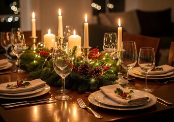 Festive christmas table setting with candles and glowing lights