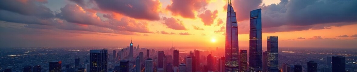 Sleek modern skyscraper office building reflecting the city skyline at sunset  Glass facade, urban architecture, corporate headquarters, business district  , commercial, horizon