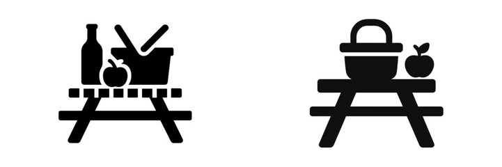 Picnic symbols featuring food items on a picnic table with containers representing outdoor dining experiences and gatherings