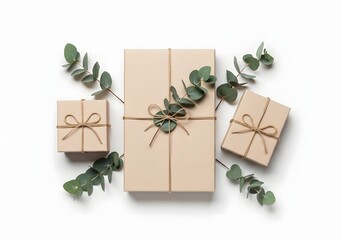 Assorted gift boxes with eucalyptus leaves isolated on white background