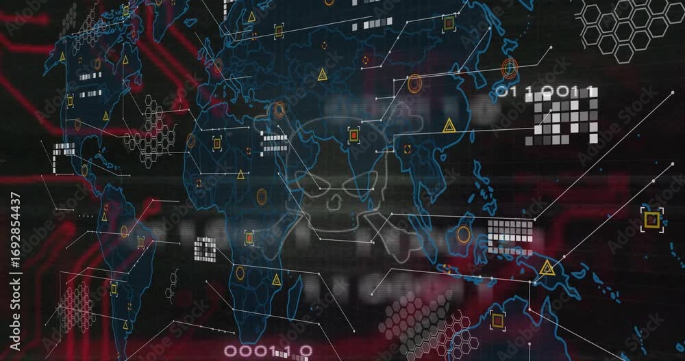 Poster opening screen tracing neon map, skull crossbones pulsing, scrolling data representing cyber threat