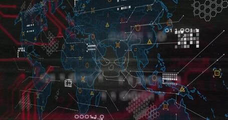 Opening screen tracing neon map, skull crossbones pulsing, scrolling data representing cyber threat - Powered by Adobe