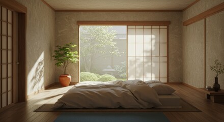 Bedroom with bed  view to outdoor garden Potted plants are arranged inoutside the room