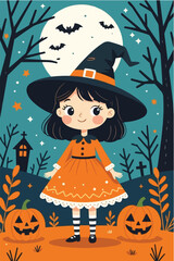 Cute Halloween Witch Character with Pumpkins and Moon Illustration