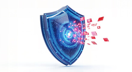 Abstract glowing blue shield with digital particles and red fragments breaking off, representing cybersecurity and data protection, isolated on white background