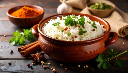 Aromatic rice dish on rustic table