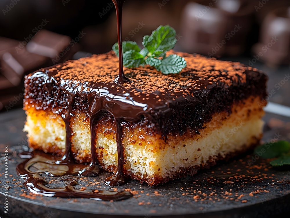 Poster a slice of moist cake generously drizzled with rich dark chocolate sauce dusted with cocoa and garni