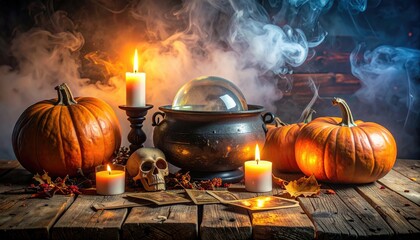 Naklejka premium Spooky Halloween Still Life with Pumpkin, Candles, and Smoke