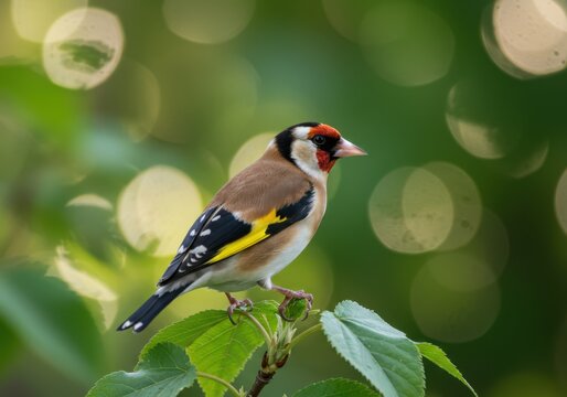 Vibrant european goldfinch perched on a leafy branch in soft bokeh light - Powered by Adobe
