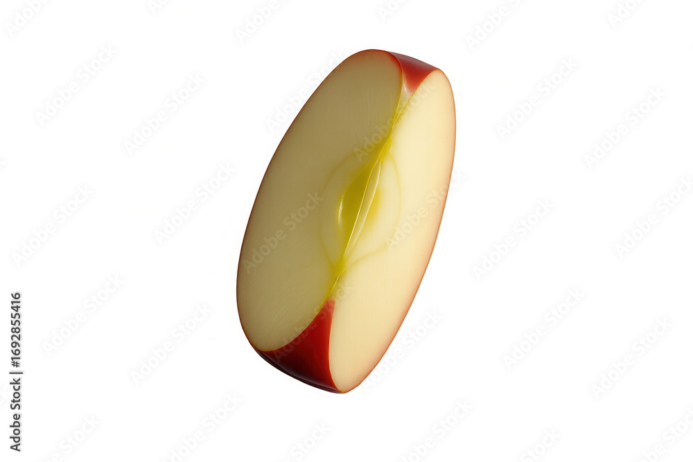 Poster halved red apple revealing dark seeds, split lengthwise with translucent backdrop showcasing fresh c