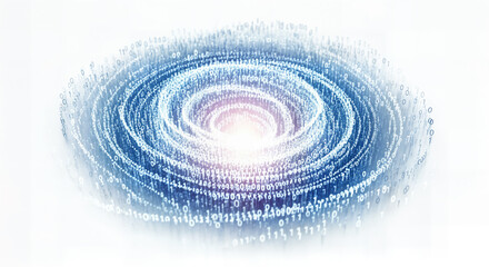 Abstract swirling vortex of digital binary code forming a galaxy or nebula shape with a bright light in the center, representing data flow and technology, isolated on white background