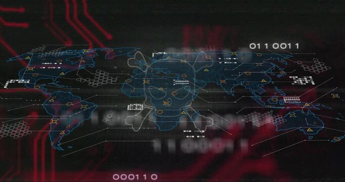 Map expanding, red circuits growing, skull icon pulsing and binary digits streaming for cyberthreat