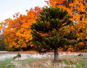 Autumn landscape with a conifer tree