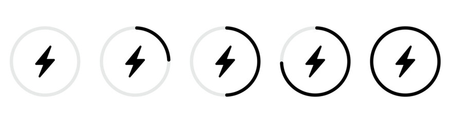 Electricity icon set collection. Battery percentage, circle, electricity. Black color style and transparent background. Vector illustration.