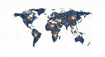 Digital world map with glowing connections and lights representing global network and technology, isolated on white background