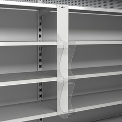 Close-up of hanging plastic clear display stand and supermarket empty shelves. 3d illustration