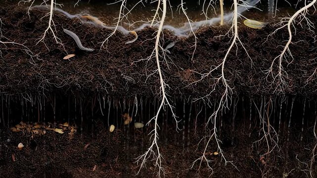 Closeup of roots and soil microorganisms beneath permeable pavement in a rain garden emphasizing the ecological benefits of green infrastructure systems.