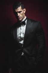 Fototapeta premium Mafia billionaire bad boy in black tuxedo on dark burgundy background A tall muscular man with sharp features poses in a perfectly tailored tuxedo