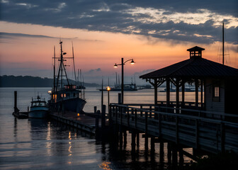 Obraz premium Serene Harbor Sunset with Cranes