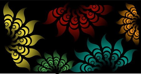 Floral abstract pattern with glowing multicolored petals on black background, creating a luminous decorative effect.