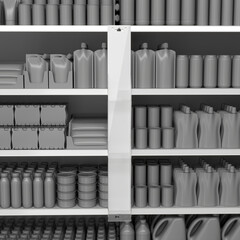 Close-up of hanging plastic clear display stand and supermarket shelves with blank goods. Front view. 3d illustration