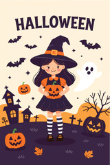 Cute Witch Holding Pumpkin on Halloween Night with Spooky Decorations
