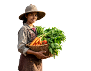 Agricultural Worker with Fresh Produce and Rustic Tools PNG