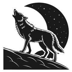 Dramatic black and white silhouette of a wolf howling powerfully under the moonlit sky