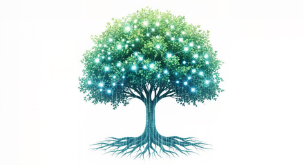 Vibrant green tree with glowing blue lights illuminating its leaves and roots, symbolizing growth, knowledge, and interconnectedness in a digital world, isolated on white background
