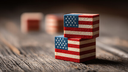 USA Flag Wooden Blocks Stacked, Patriotism Still Life