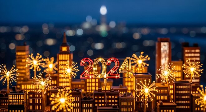 Miniature cityscape celebrating 2024 with glowing fireworks and building lights against a blurred city backdrop