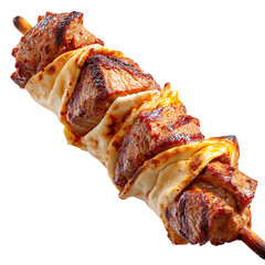 Pita holding skewered smoky grilled meat PNG