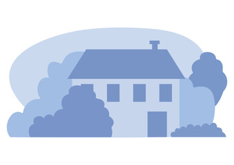 Abstract house illustration surrounded by trees and bushes. Urban landscape background concept for property and real estate design.