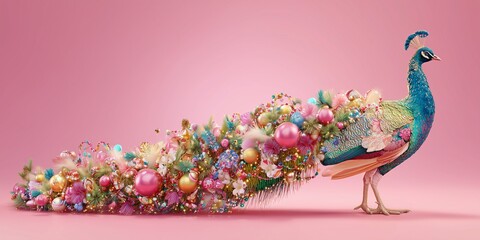 Christmas peacock with rainbow garland tail on pastel bright pink background
A surreal peacock spreads a colorful tail made of glowing garlands and ornaments.