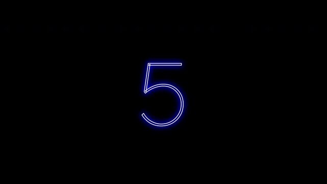 4K countdown neon animation from 10 to 0 in bright blue glowing style, flicker text on black background, electric luminous timer sequence.