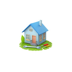 House. The wrench and screwdriver rest on a lettuce circle facing the house. These tools represent home improvement. Transparent background.