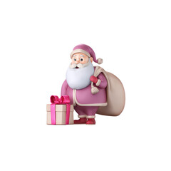 Santa Claus with a large shoulder bag and a gift wrapped in pink ribbon