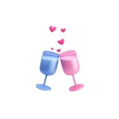 Two glasses, blue and pink, filled with pink liquid and topped with hearts. Transparent background.