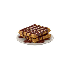 On a white plate lies a neat stack of two square waffles, richly covered with chocolate syrup. Transparent background.