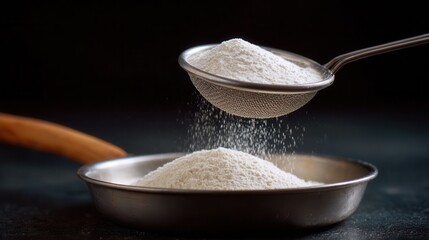 Sifting Flour Through a Fine-Mesh Sieve with Powder Falling Gently into a Bowl