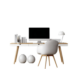 Minimalist home office setup featuring a sleek desk, modern chair, and decorative items in a bright environment