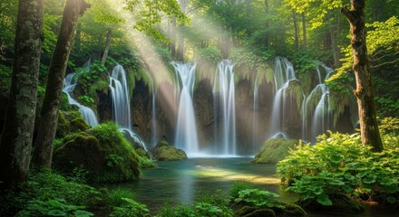 Naklejka premium Sunlight streams through forest to cascading waterfalls