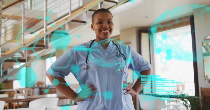 Nurse placing hands on hips and activating medical data overlay to analyze molecular structures