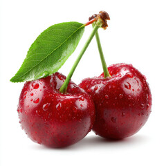 Pair of Fresh Red Cherries with Leaf and Water Droplets on White