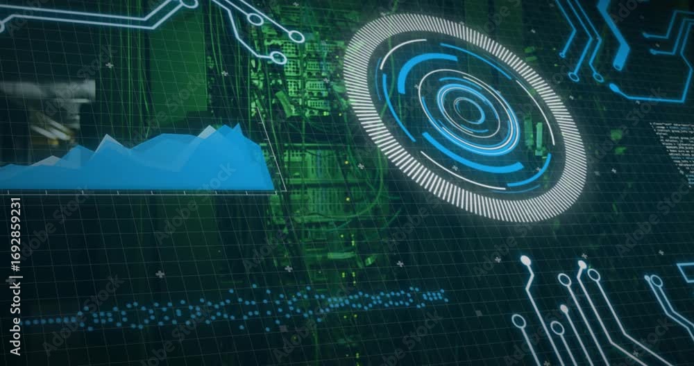 Aufkleber hud element fading in triggers blue chart growing while circuit tracings linking server data