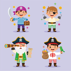 Collection of Cute Cartoon Pirates Characters and Treasures Illustration